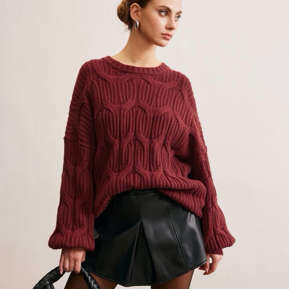 Commense Cable Knit Sweater L Burgundy Chunky Oversized